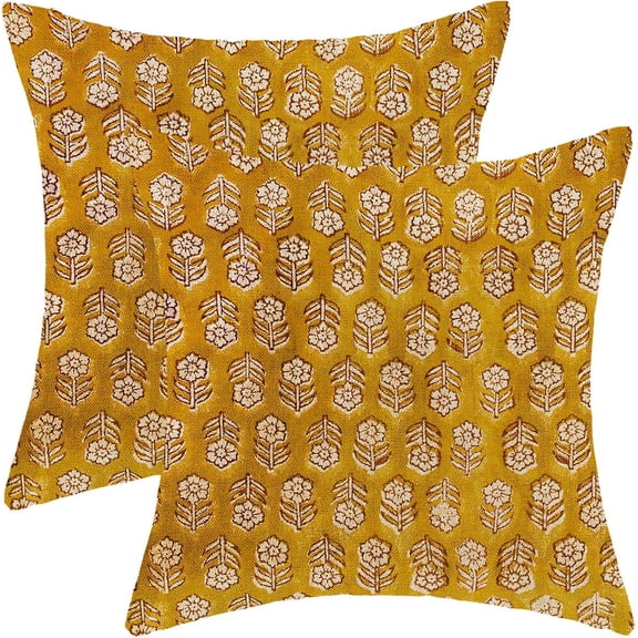 Mustard Yellow Pillow Covers 18x18 Inch Set of 2, Boho Spring Vintage Floral Throw Pillows Case, Flower Rustic Seasonal Summer Outdoor Decorative Farmhouse Decor Cushion Covers for Sofa Couch