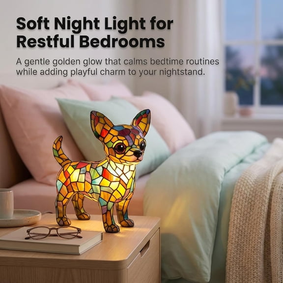 Stained Glass Puppy Night Light in Durable Resin, Rainbow Desk Decor for Bedrooms