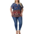 thumbnail image 6 of Agnes Orinda Women's Plus Size Boho Tops Floral Keyhole Neck Ruffle Short Sleeve Summer Casual Blouse 4X Navy Blue, 6 of 7