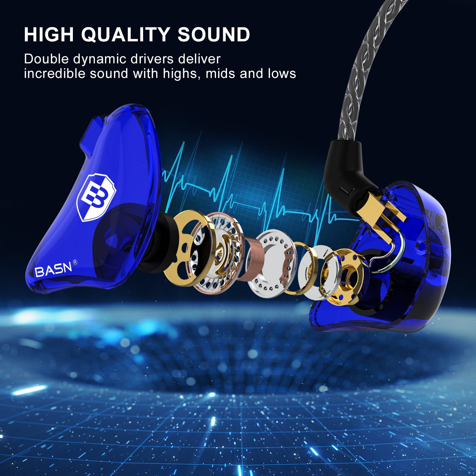 BASN Bsinger BC100 in-Ear Monitor Headphones Dual Dynamic Drivers Noise Isolating Earphones with Removable MMCX Cable IEMs for Musicians Drummer (Blue)