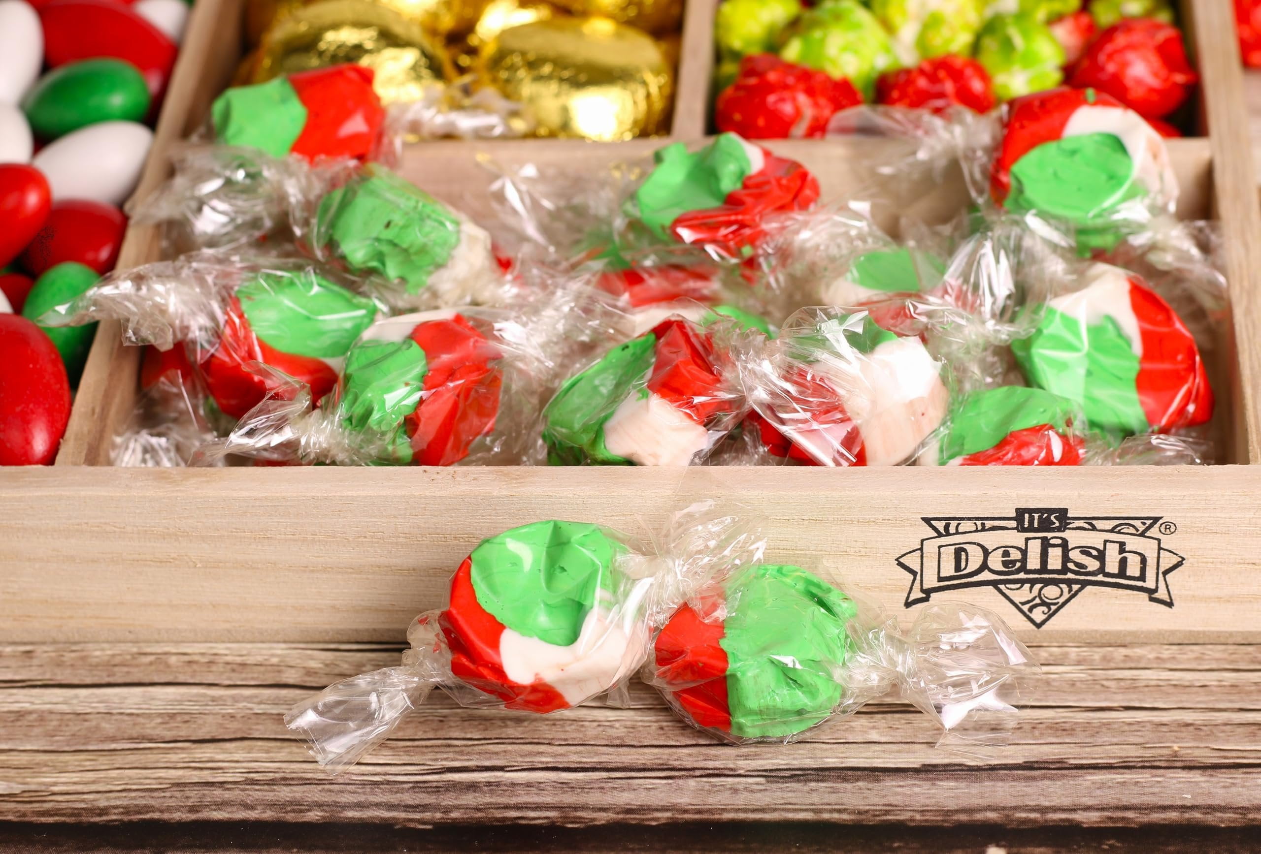Christmas Candy Gift Tray - by It's Delish  Wood Platter with Holiday Treats and Candies for Gifts and Parties  Red Green White Peppermint Taffy, Popcorn, Jordan Almonds, Chocolate Creme, Licorice