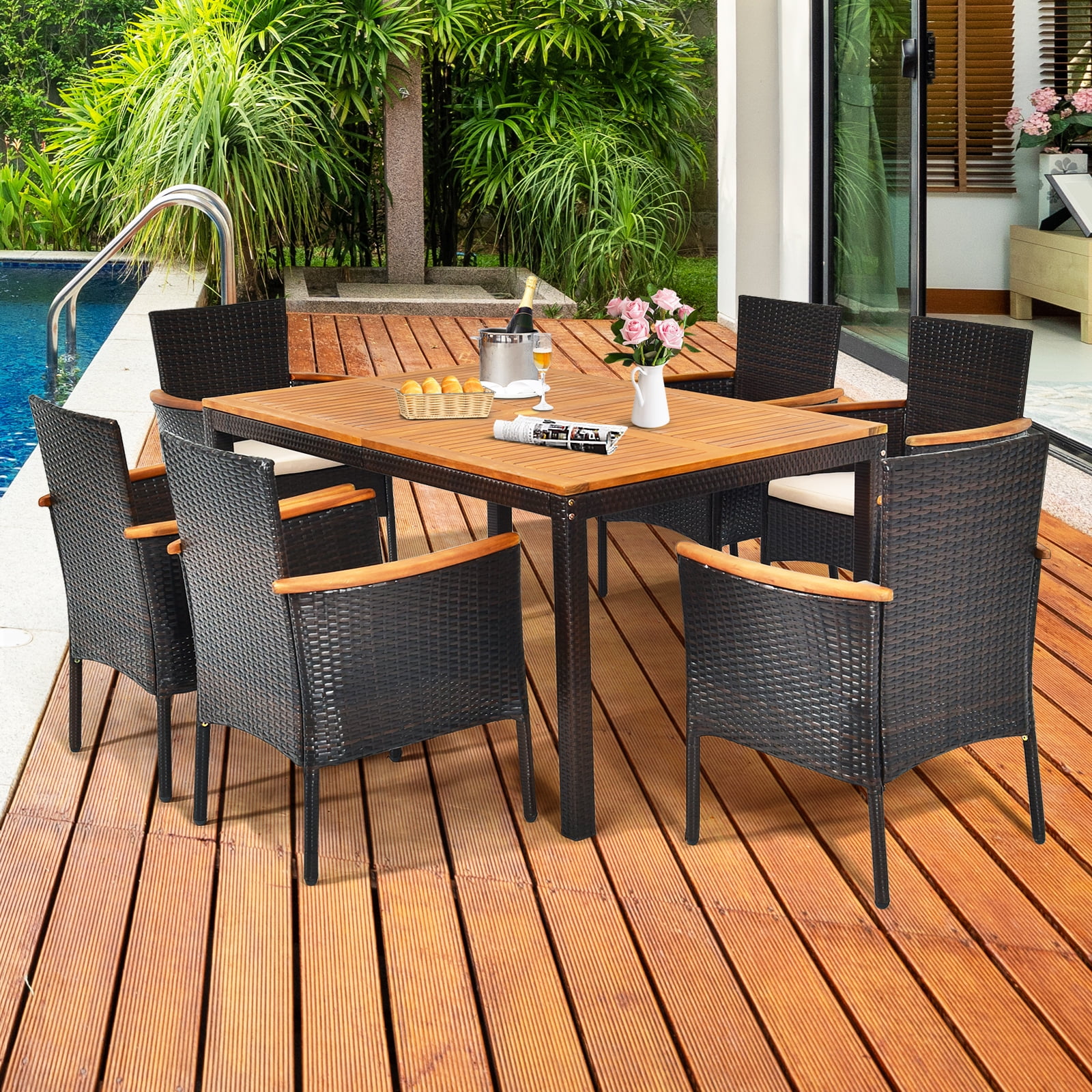 BLACK JAGUAR 7-Piece Outdoor Dining Set Patio Rattan Table and Chairs Set with Umbrella Hole