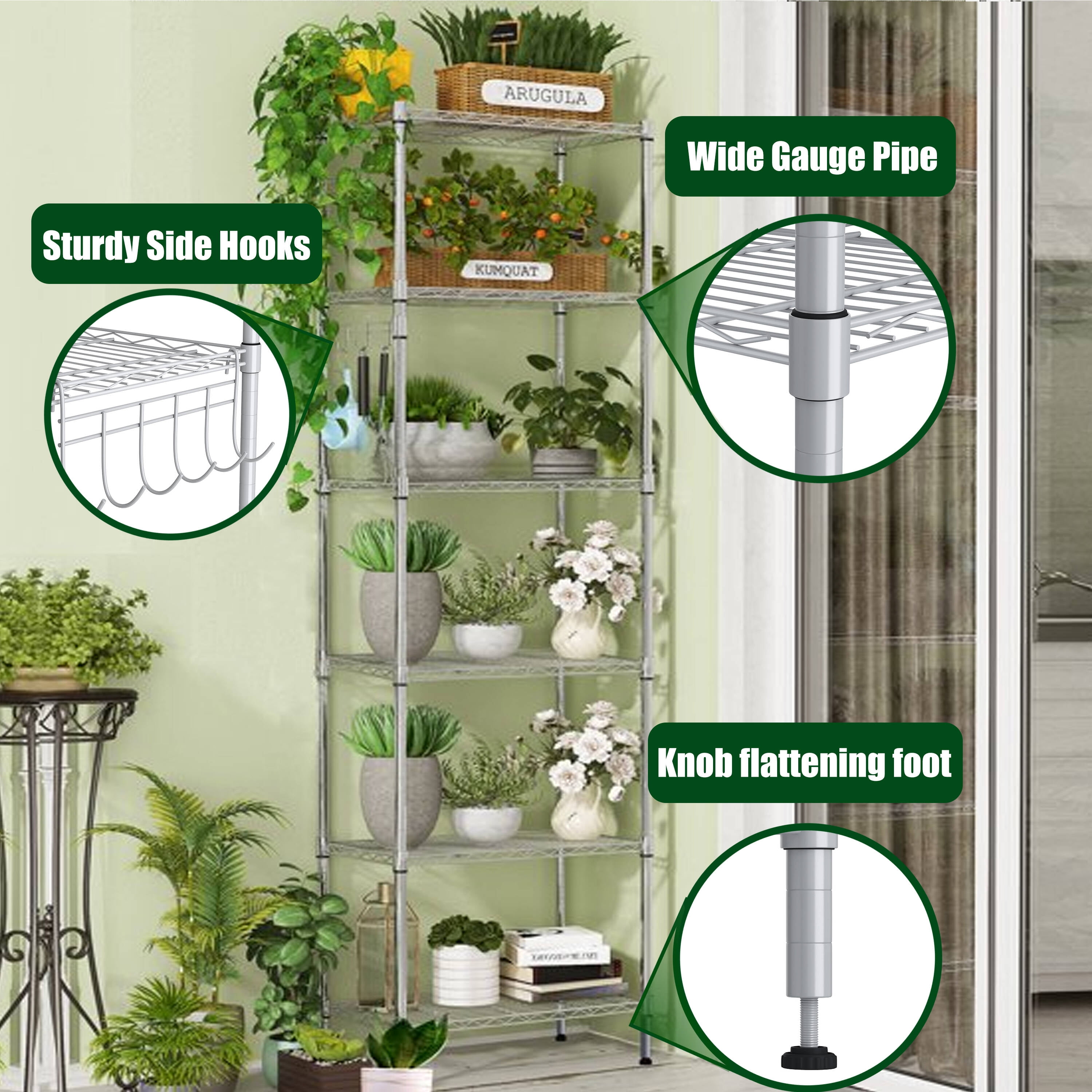 Free Shipping! 6Tier Wire Shelving Unit Storage Rack Metal Shelf Organizer with 6 Hooks for Kitchen (图3)