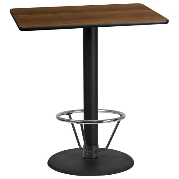 Flash Furniture 30'' x 42'' Rectangular Walnut Laminate Table Top with 24'' Round Bar Height Table Base and Foot Ring