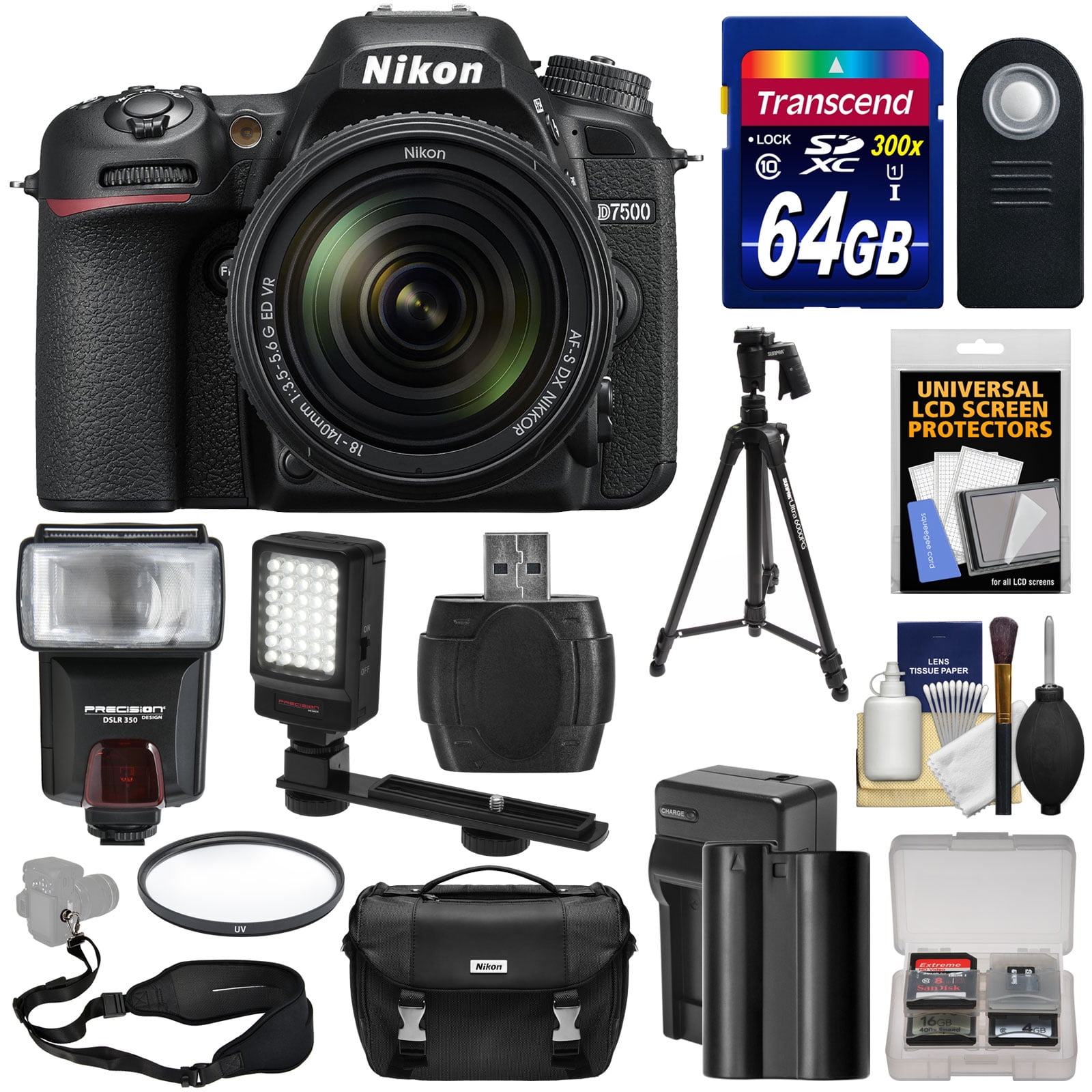 academisch wetgeving genetisch Nikon D7500 Wi-Fi 4K Digital SLR Camera & 18-140mm VR DX Lens with 64GB  Card + Battery & Charger + Case + Tripod + Flash + LED Video Light + Strap  Kit - Walmart.com