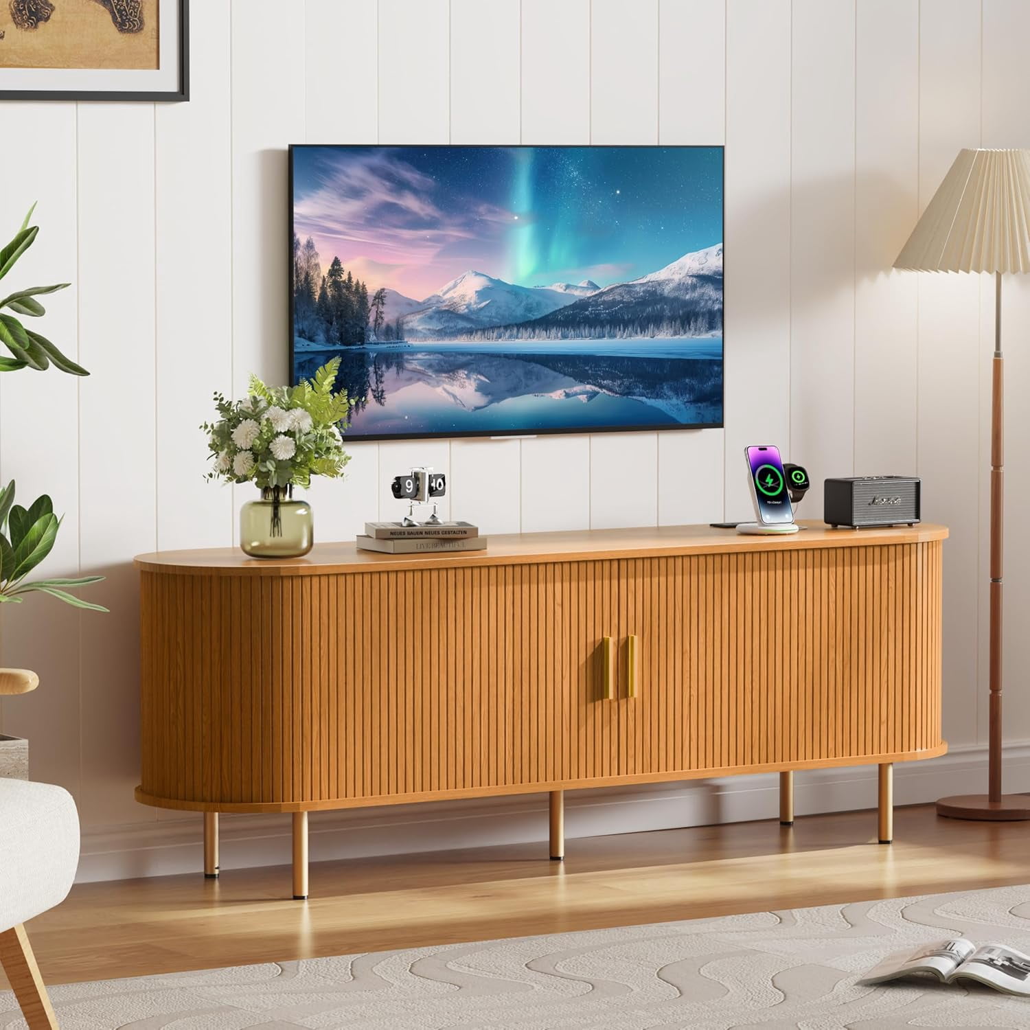 Mid Century Modern TV Stand with Power Outlet for TVs up to 70 Inch, Entertainment Center with Storage and Adjustable Shelves, Media Console with Sliding Doors for Living Room Bedroom (Yellow Walnut)