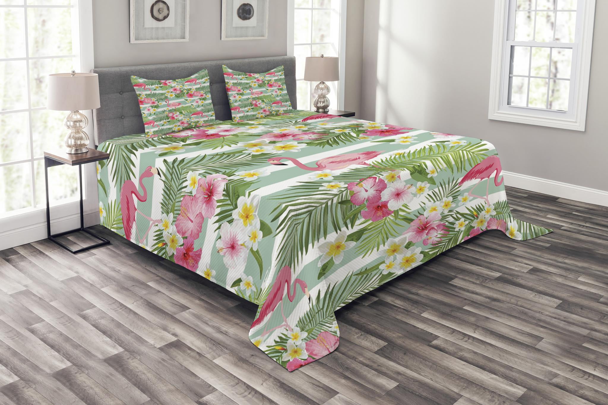 Flamingo Bedspread Set King Size, Flamingos with Exotic Hawaiian Leaves