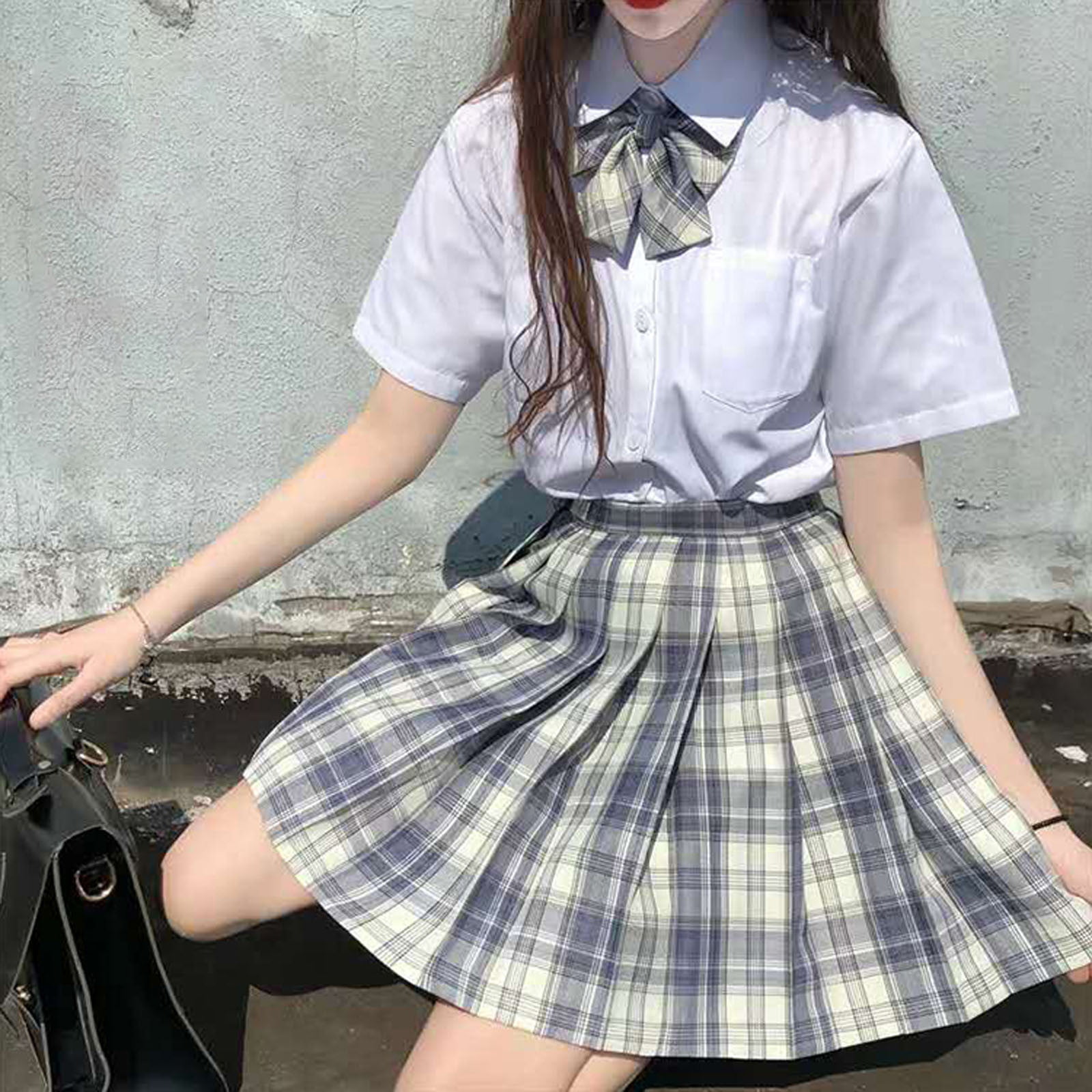 Women High Waist Pleated A-line School Skirts Korean Summer Bow Tie Midi Dress A