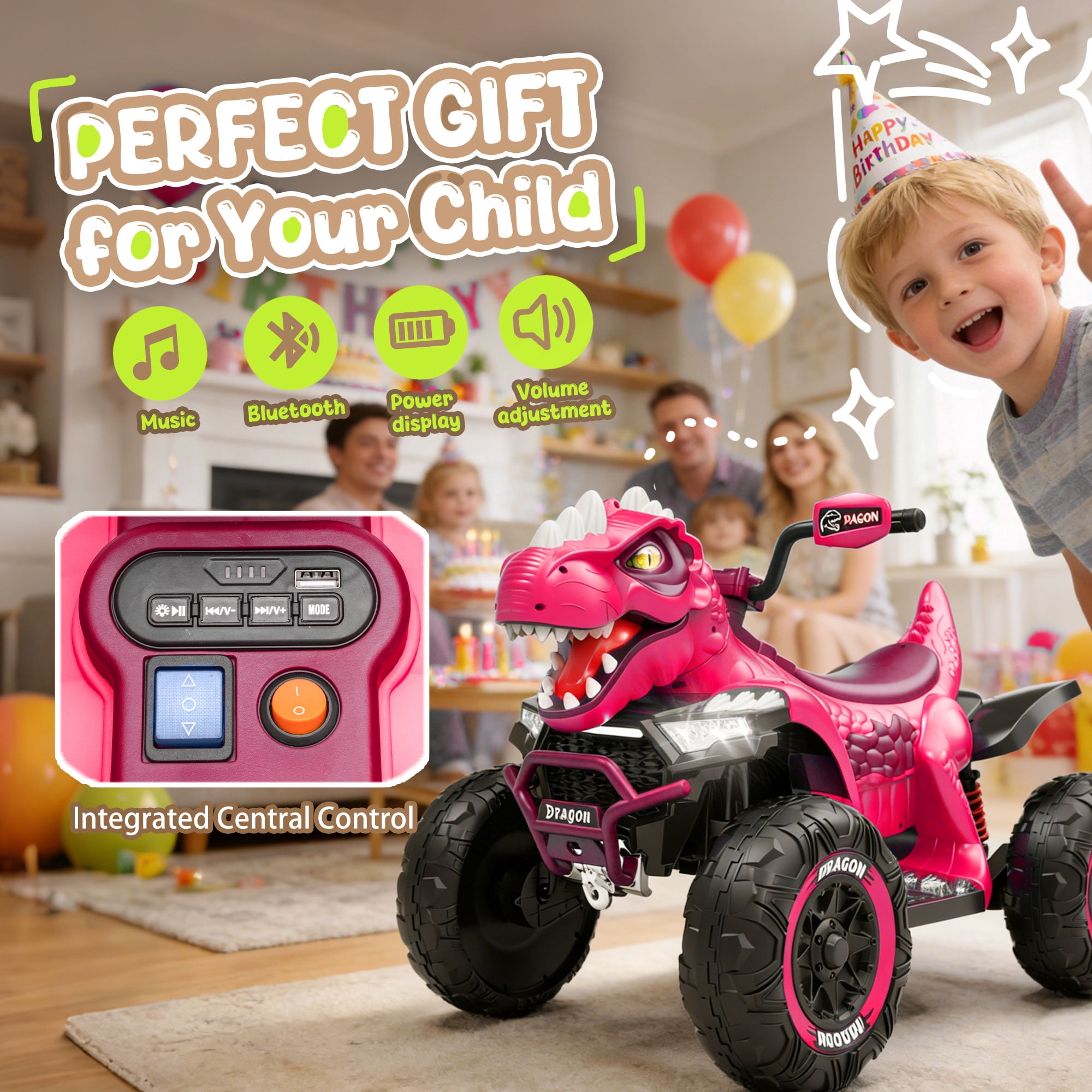 24V Dinosaur Ride on Toy, 2-Seater Powered Ride on Car w/Remote Control, Electric Kids ATV with 4-Wheel Suspension, Bluetooth, Music, Cool Lights, Gift for Boys Girls Aged 3-8 - Pink