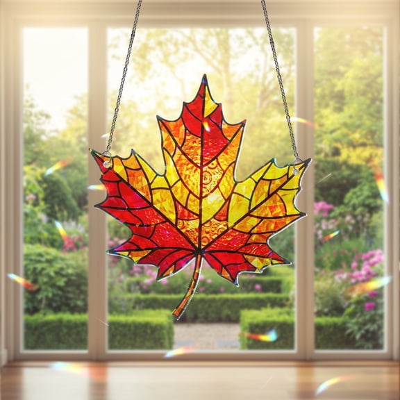 ViciArt Maple Leaf Stained Glass Suncatcher, Autumn Window Hanging Ornament, Red Yellow Fall Decor with Chain, Rainbow Light Catcher for Home