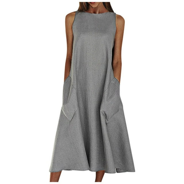 Pompotops Fashion Women Solid Comfy Summer O-Neck Ladies Pockets Sleeveless Dress