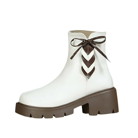 

SEMIMAY Fashionable Autumn And Winter Women Ankle Boots Thick Soles Thick Heel Non Slip Round Toe Side Zipper Comfortable Solid Color White