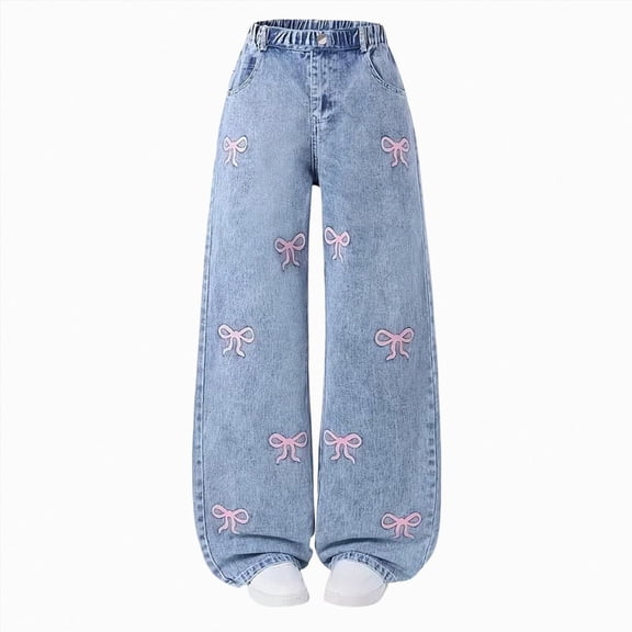UAYOTSE Kids Light Wash Denim Wide Leg Pants Girls Cute Pink Bow Pattern Elastic Waist Loose Fit Baggy Jeans,Sizes 9-10 Years