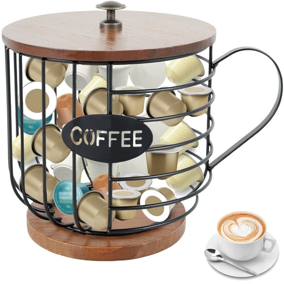 Rustic Coffee Pod Holder, Metal K Cup Holder Basket, Large Capacity Black Wire Coffee Pod Storage Organizer with Wooden Base and Lid