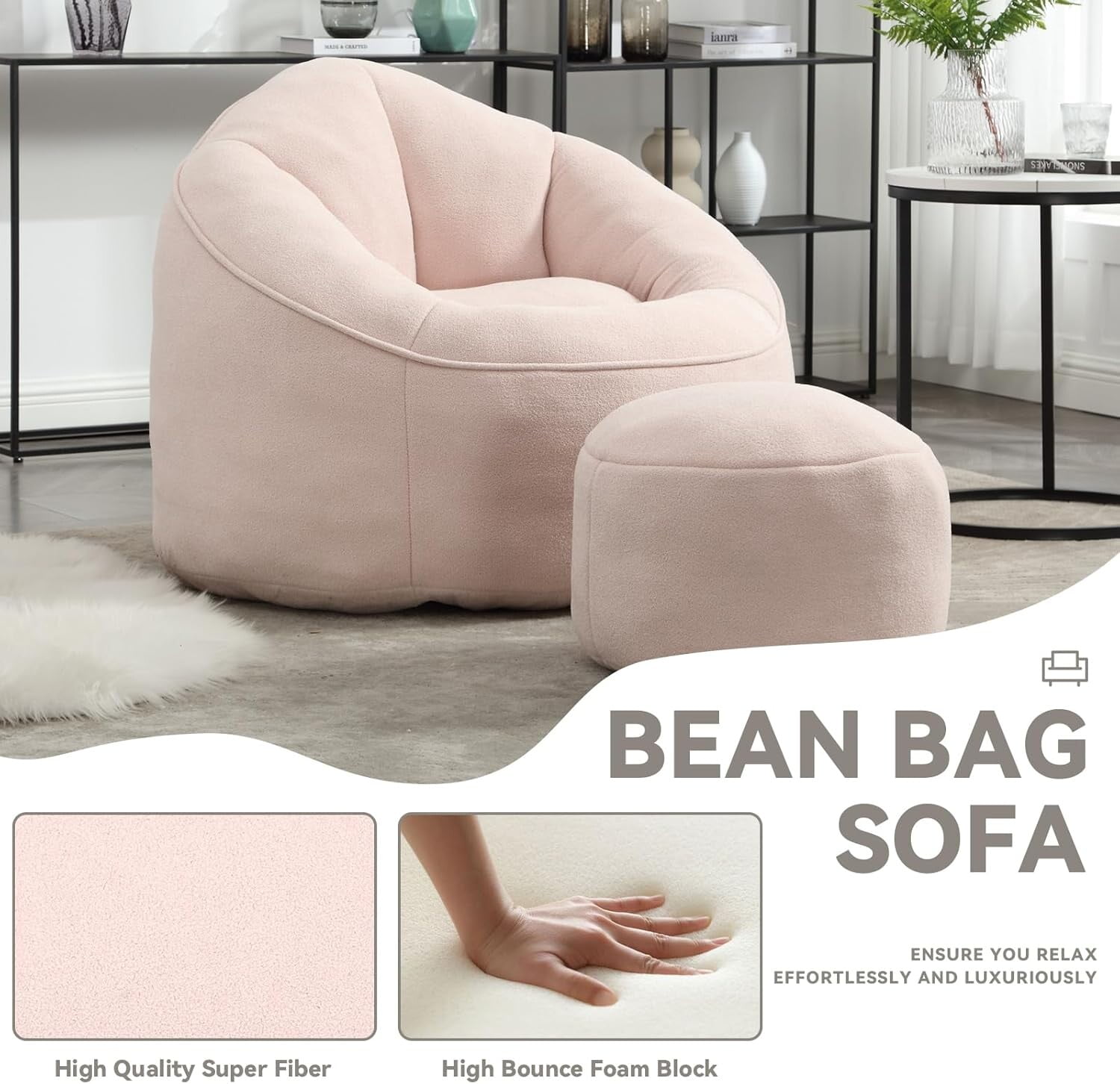 Bean Bag Chair for Adult,Microfiber Upholstered Sofa with Footstool Shell-Shaped Memory Foam Stuffed Lazy Sofa