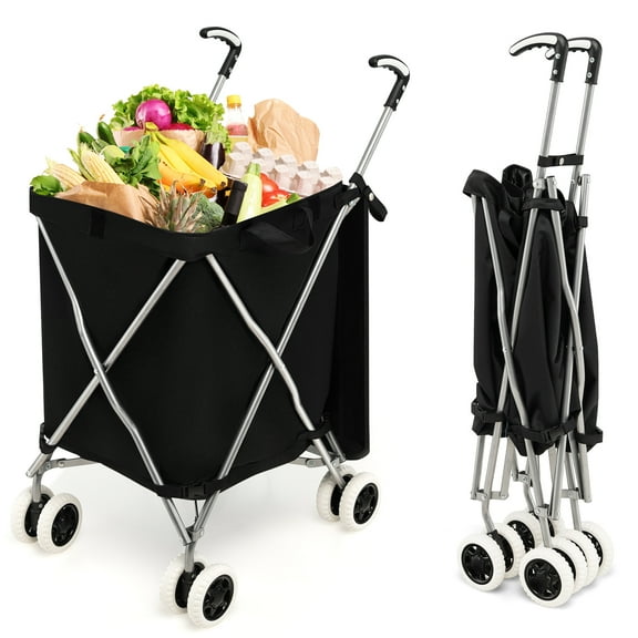 Costway Folding Shopping Cart with Waterproof Liner, 24 Gallons, Steel, Black