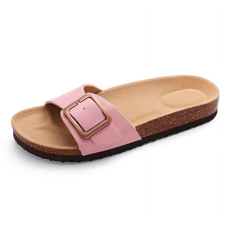 

HYwys Women s Flat Sandals Cork Footbed Slippers Adjustable Buckle Slip On Fashion Summer Sandals Comfort Non Slip House Slide