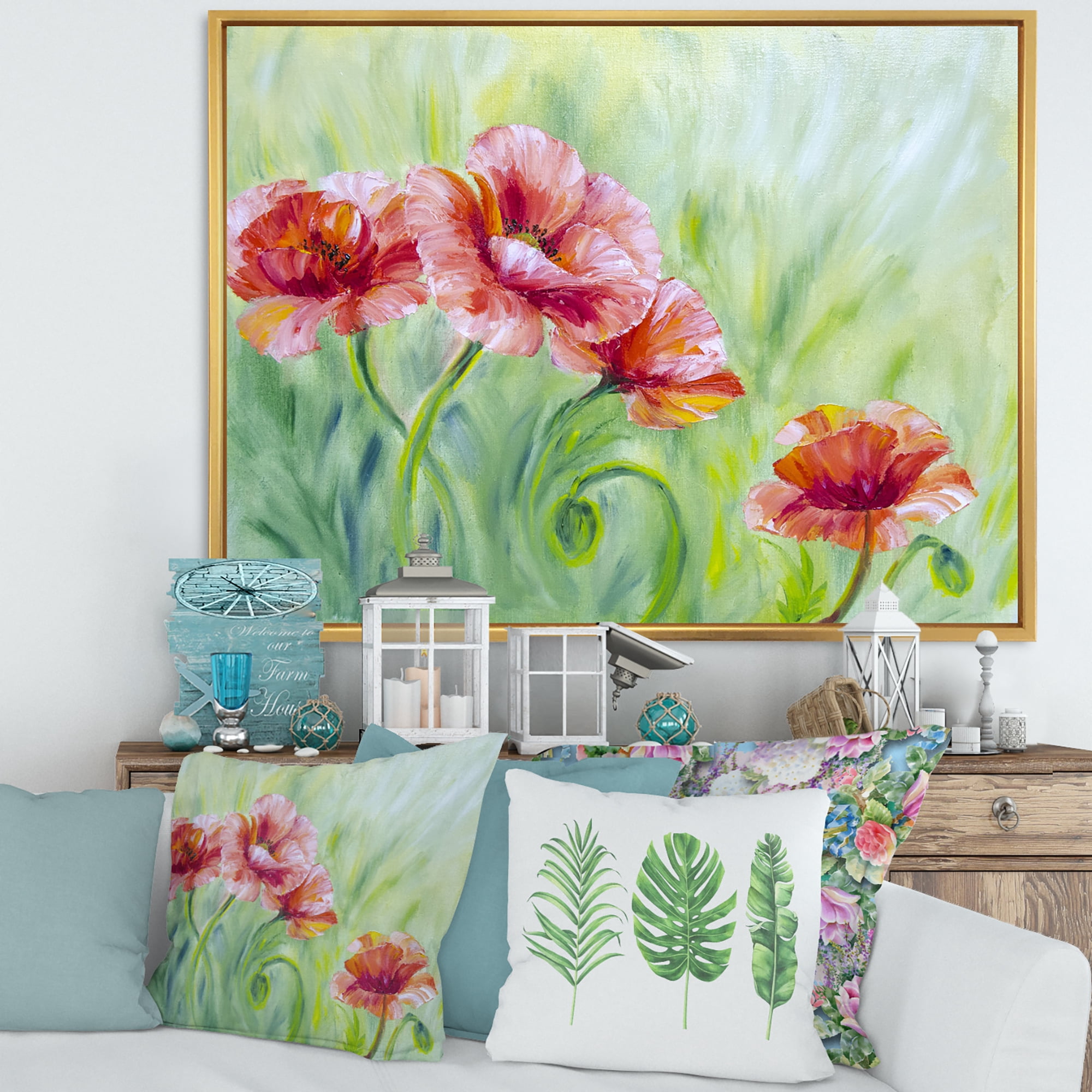 Red Blossoming Poppies Over Wild Green II 20 in x 12 in Framed Painting Canvas Art Print, by Designart