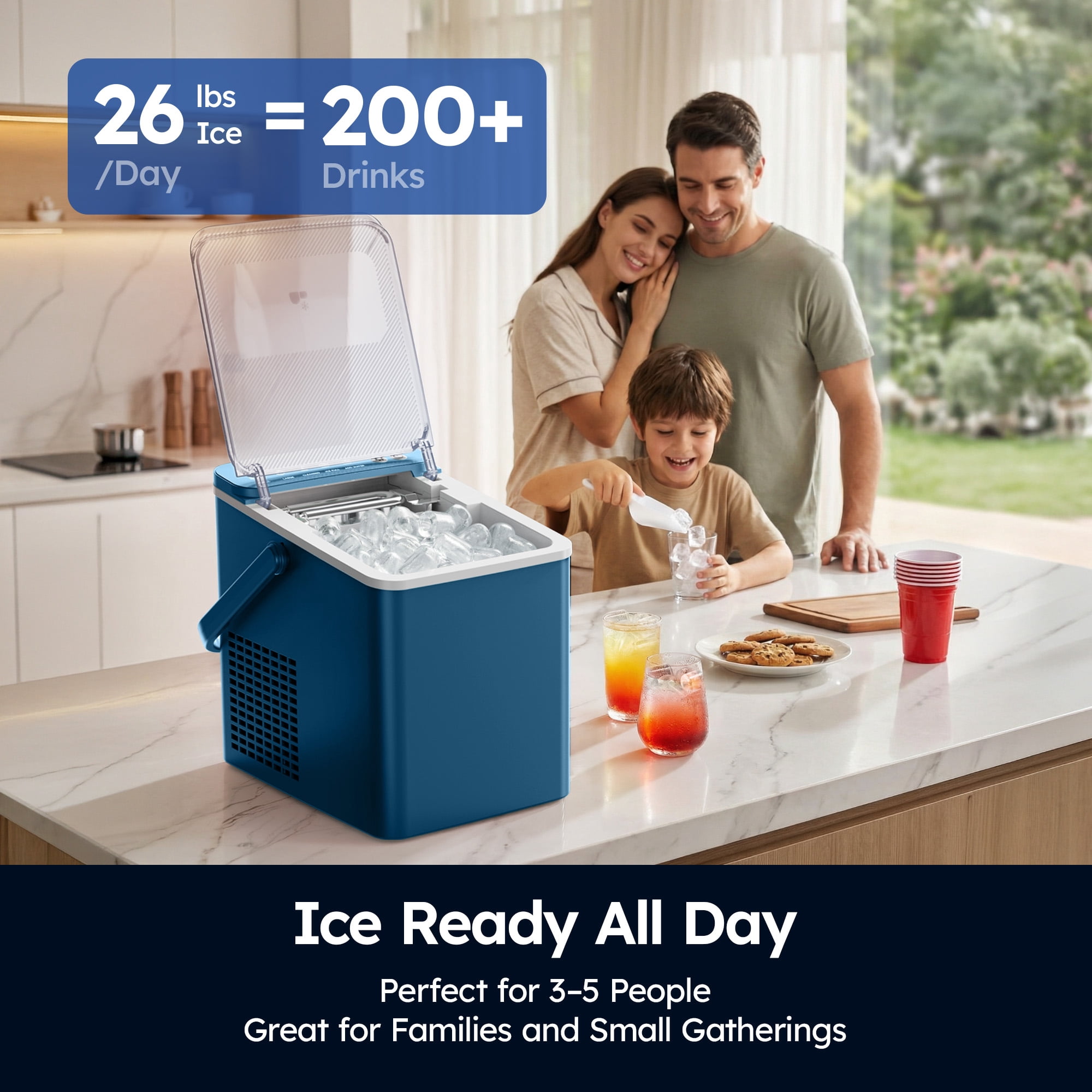 SIMZLIFE Portable Countertop Ice Maker Machine, 26 lbs Ice Per Day, 9 Bullet Ice Cubes Ready in 6 Minutes, Small & Large Ice Sizes, Self-Cleaning, 1.1L Water Tank, Ice Scoop & Basket, Blue
