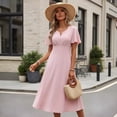 thumbnail image 6 of EASYBRAUS Chiffon Midi Dress V-Neck Short Sleeve Casual Leisure Pink S-XL, 6 of 6