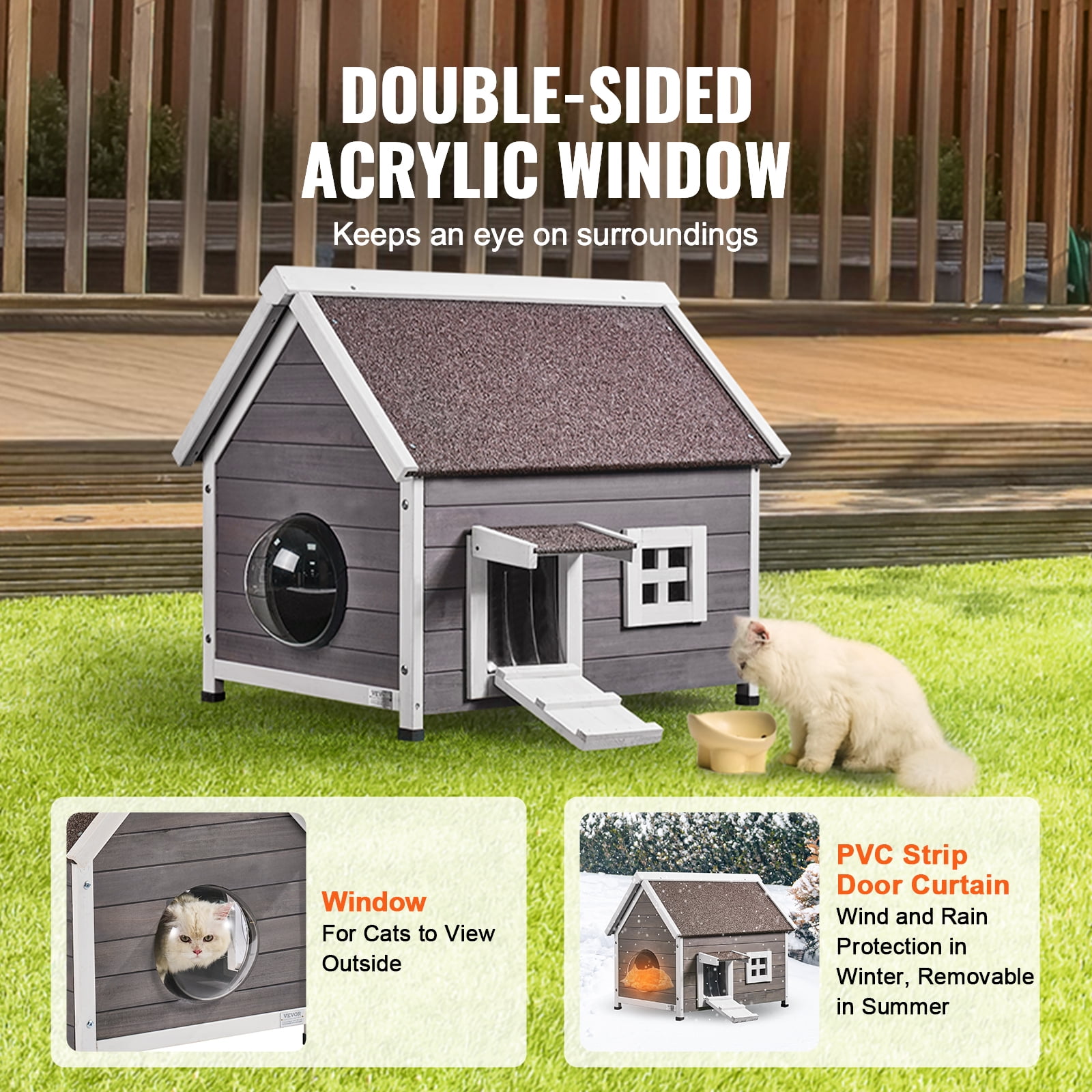 VEVOR Outdoor Cat House Weatherproof, Feral Cat Shelter for Multiple Cats, Outdoor Wooden Cat House with Large Side Door, PVC Door Flaps, Open Roof, Clear Window, 22"L x 30"W x 26"H