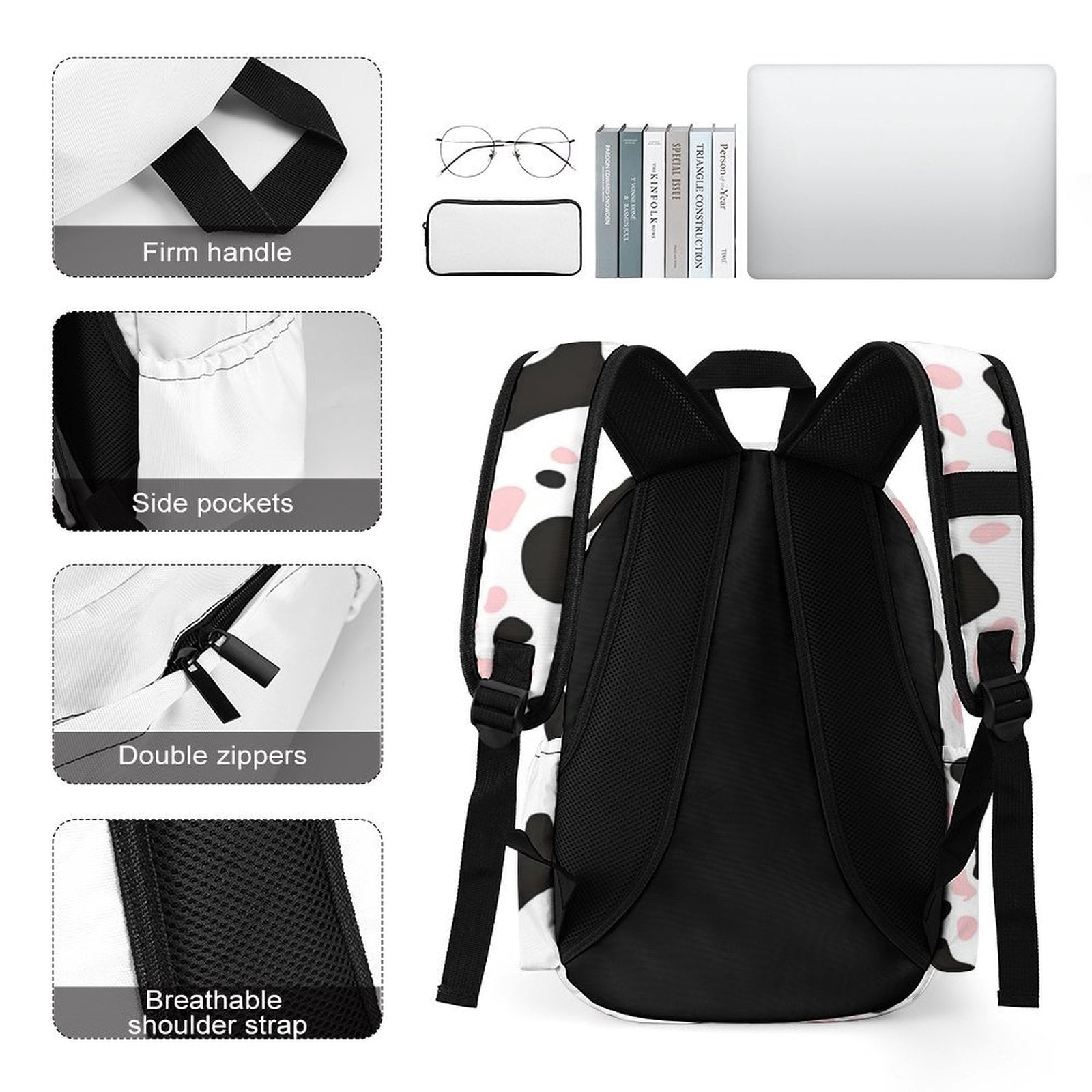 Large Capacity Half Print Backpack 11.8×16.5×5.9in Multifunctional Zipper Design Convenient Switch Simple Cow Print Pattern White Background, Pink And White_1