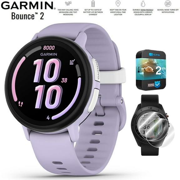 Garmin 010-03399-01 Bounce 2 Kids Smartwatch with Calling Light Purple Bundle with Deco Essentials 2-Pack Screen Protector for 1.2 inch Diameter Garmin Watches and 2 YR CPS Enhanced Protection Pack