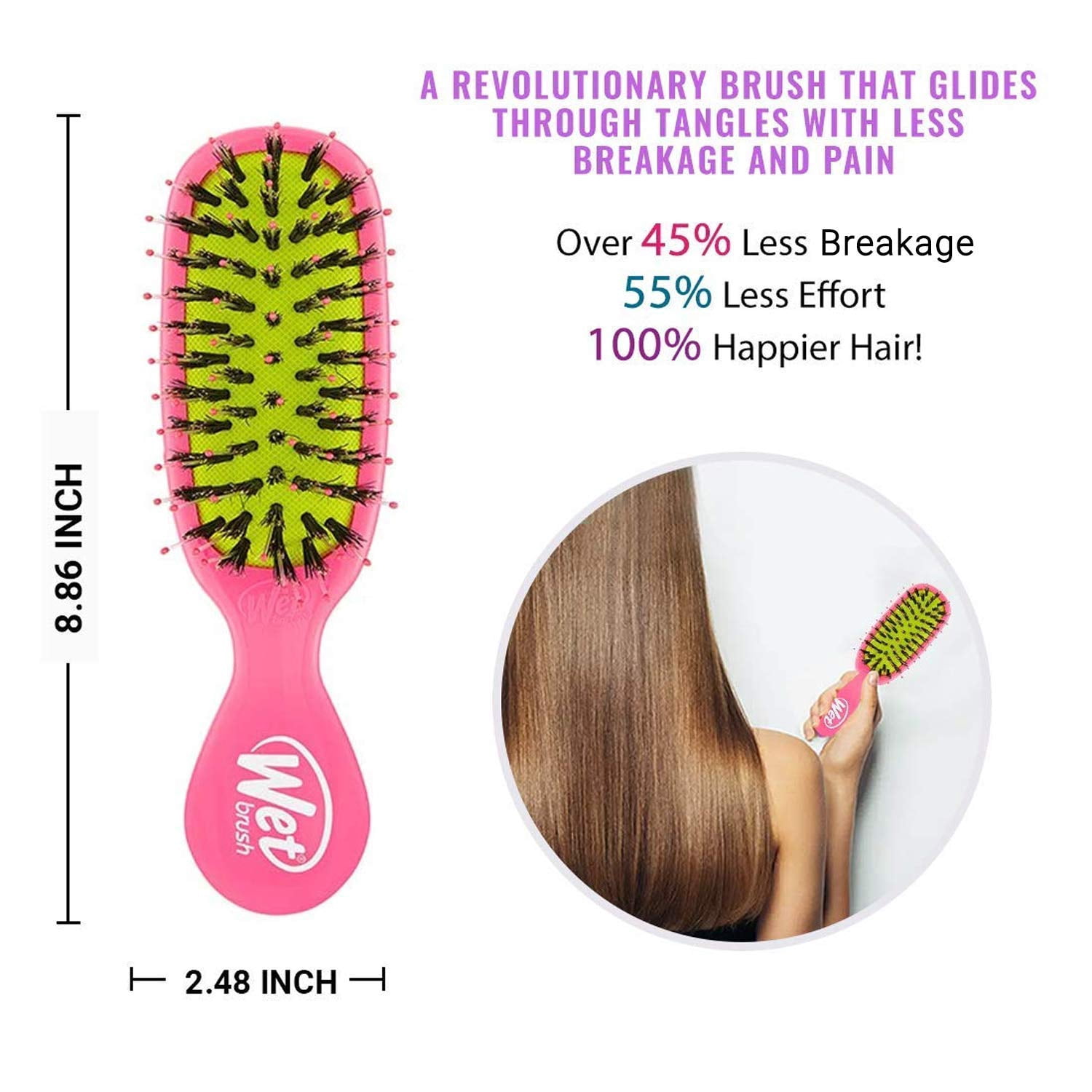 Wet Brush Hair Brush Mini Shine Enhancer Detangler with Flexible Boar Bristles - Pink