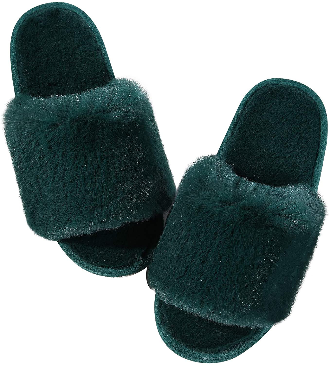 Women Fuzzy Fluffy Slippers Open Toe Light Cozy Slip on House Slippers Indoor Outdoor Slippers 
