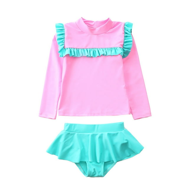 HAWEE Little Girls Two Pieces Rash Guard Swimsuit Set Long Sleeve Print Bikini Bathing Suit UPF50+ Beach Swimwear