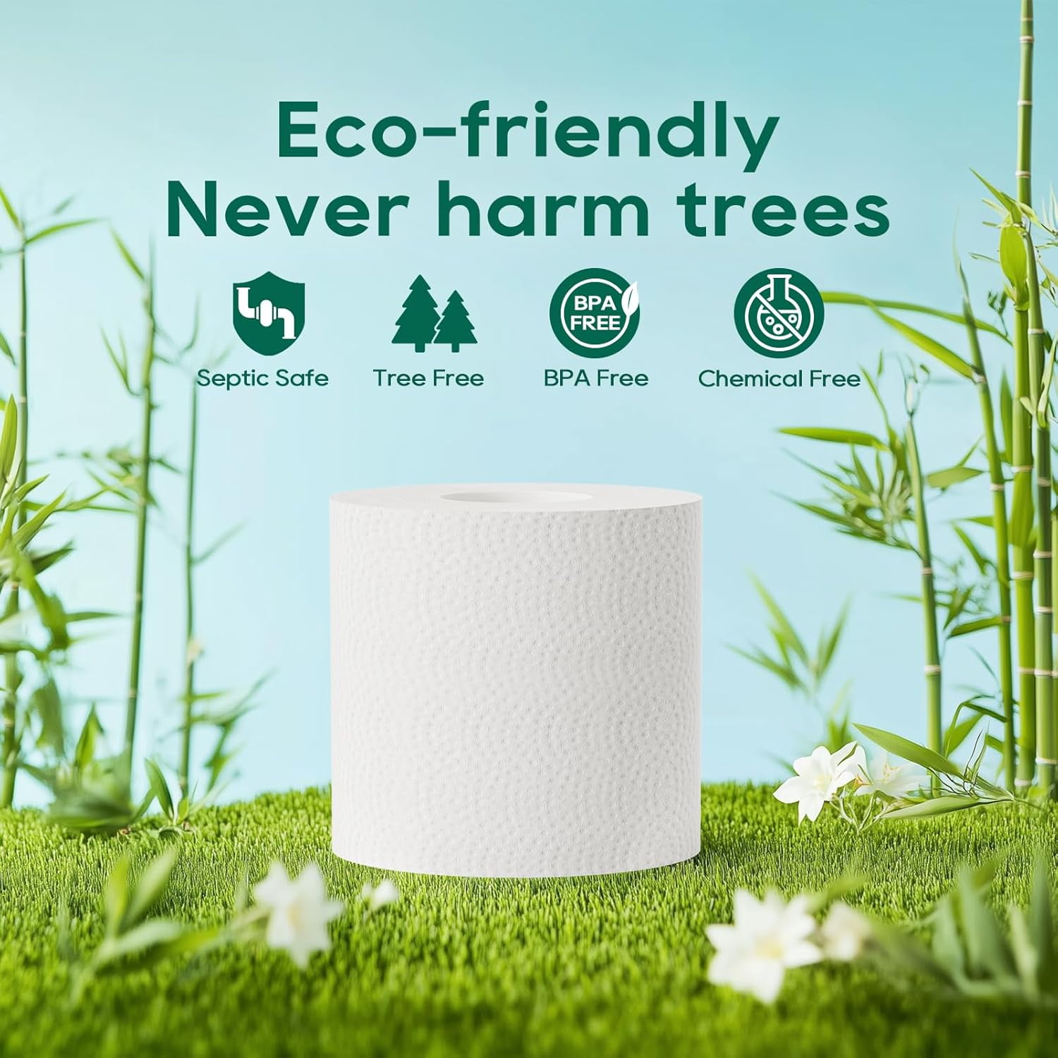 Bamboo Toilet Paper 3 Ply, Septic Safe Toilet Tissue, 12 Double Rolls, 320 Sheets Per Roll, Tree Free, Non Toxic, Soft and Absorbent, Eco Friendly Dye-Free Paper, White