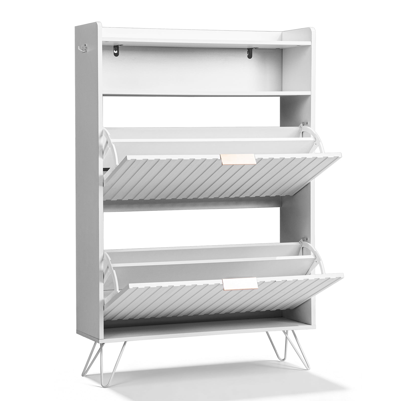 White Shoe Cabinet with Grille Design Flip-Top Compartment 2 Drawers High Feet Side Metal Hooks Slim Storage Organizer for Entryway Hallway Apartment Mudroom