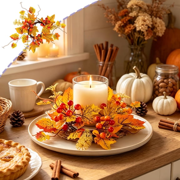 Qjidjing Halloween Candleholder Wreath, Harvest Wreath, Artificial Maple Leaf Pumpkin Decor, Dual Holiday Design, Table Centerpiece, Window Sill, Indoor Mantel
