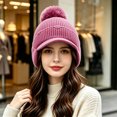 thumbnail image 5 of Fleece Beanie Hats with Earflaps Visor Brim Winter Knit Ski Cap Winter Hats for Women Pom Pom Ball Purple One Size, 5 of 5