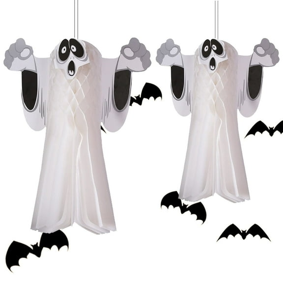 2 Pcs Halloween Paper Honeycomb Hanging Ghost Decoration, Scary Floating Ghost Cut-Out Prop for Home, Bar, and Garden