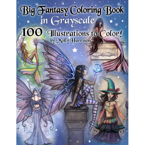 Big Fantasy Coloring Book in Grayscale - 100 Illustrations to Color by Molly Harrison: Grayscale Adult Coloring Book fea, (Paperback)