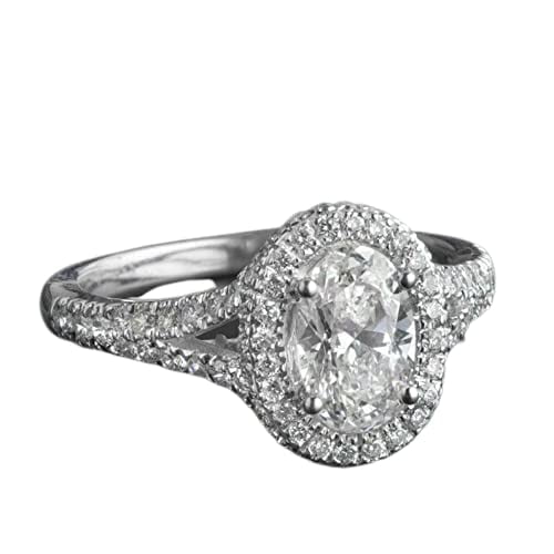 HeartsAndYou 1.78ct Oval Cut Moissanite Engagement Ring for Women Split Shank Halo 18k White Gold over Silver