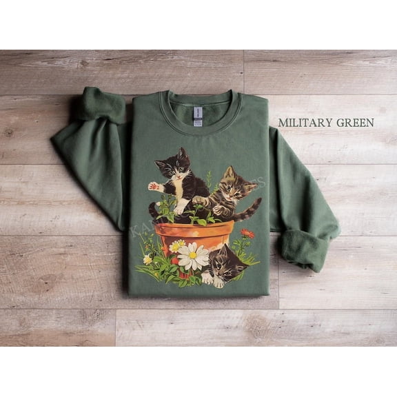 Vintage 90s Cottagecore Cat Sweater, Plant Lover Sweatshirt, Cats and Plants Sweater, Gardner Sweater, Retro Kitten Sweatshirt, Cat GIft