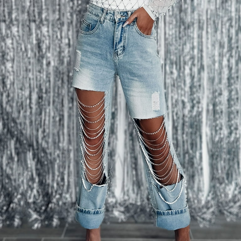 XFLWAM Womens Sexy Ripped Distressed Destroyed Rhinestones Chain