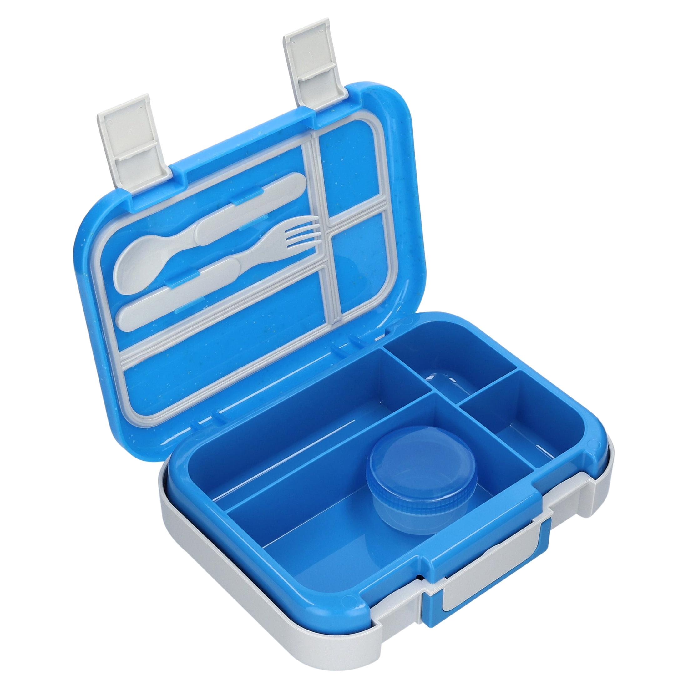 Mainstays Kids 4-Compartment Plastic Bento Box with Removable Tray, Fork, Spoon, and Dressing Container, Blue Splash and Gray