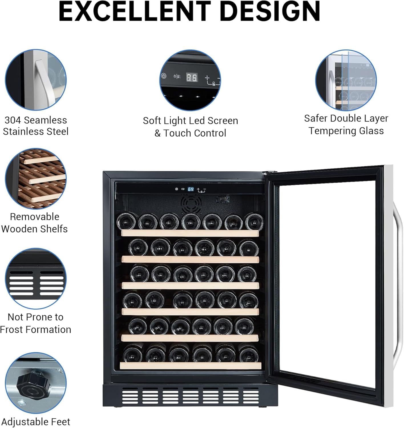 Homhougo Wine Cooler Refrigerator with LED Display - 24 Inch Under Counter Wine Fridge Cabinet, Beverage Cooler with Quiet Compressor & Smart Temperature Control - 46 Bottle Capacity, Black