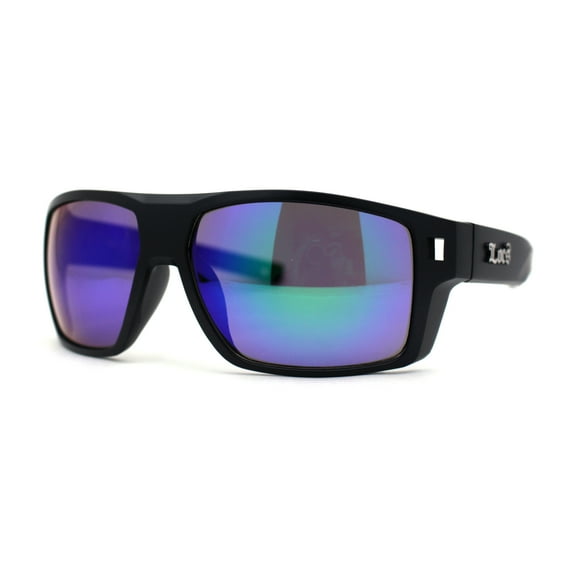 Locs Large Wrap Rectangle Color Mirror Gangster Plastic Sunglasses Black Teal Mirror
