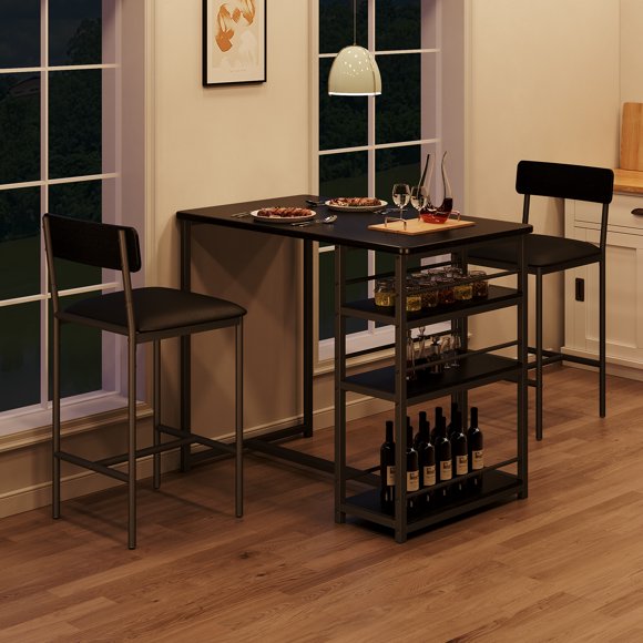 Dining Table Set for 2, Counter Height Small Kitchen Table and Chairs with 3 Storage Shelves, 3 Piece Bar Pub Dining Table Set with 2 Upholstered Chairs for Small Spaces, Apartment