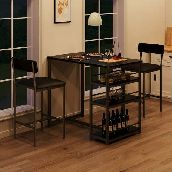 Dining Table Set for 2, Counter Height Small Kitchen Table and Chairs with 3 Storage Shelves, 3 Piece Bar Pub Dining Table Set with 2 Upholstered Chairs for Small Spaces, Apartment