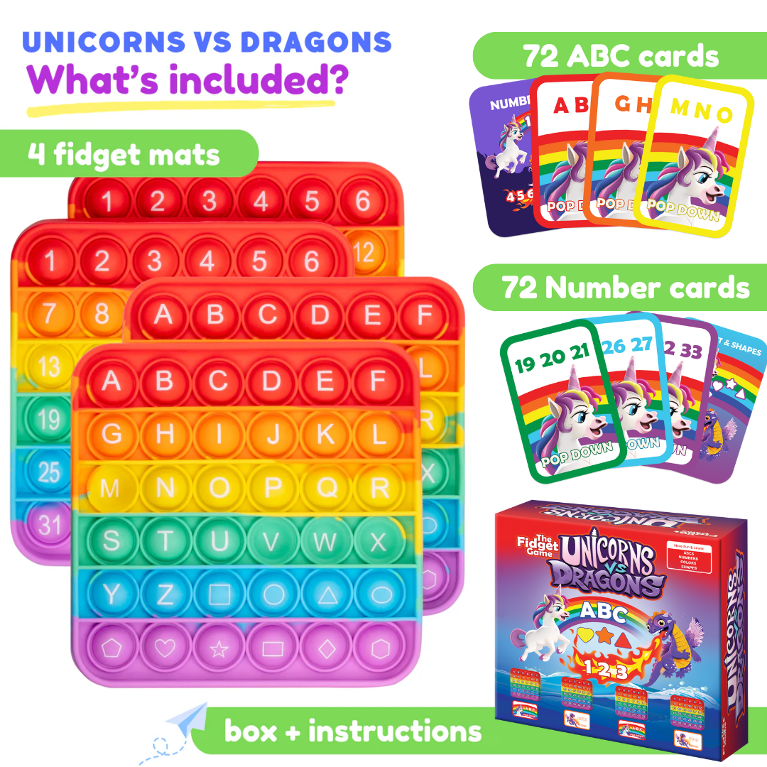 The Fidget Game Unicorns vs Dragons – Educational ABC Learning Toy Set for Kids Ages 3+, 1 Set, Alphabet, Numbers, Shapes & Colors for Pre-K & Kindergarten