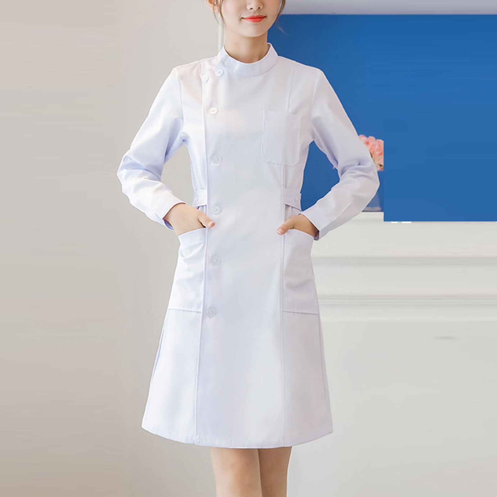 WULMLEO Nurse Scrubs Dress for Women Formal Lapel Neck Long Sleeve Button Down Work Dress Comfy Nursing Uniform White M