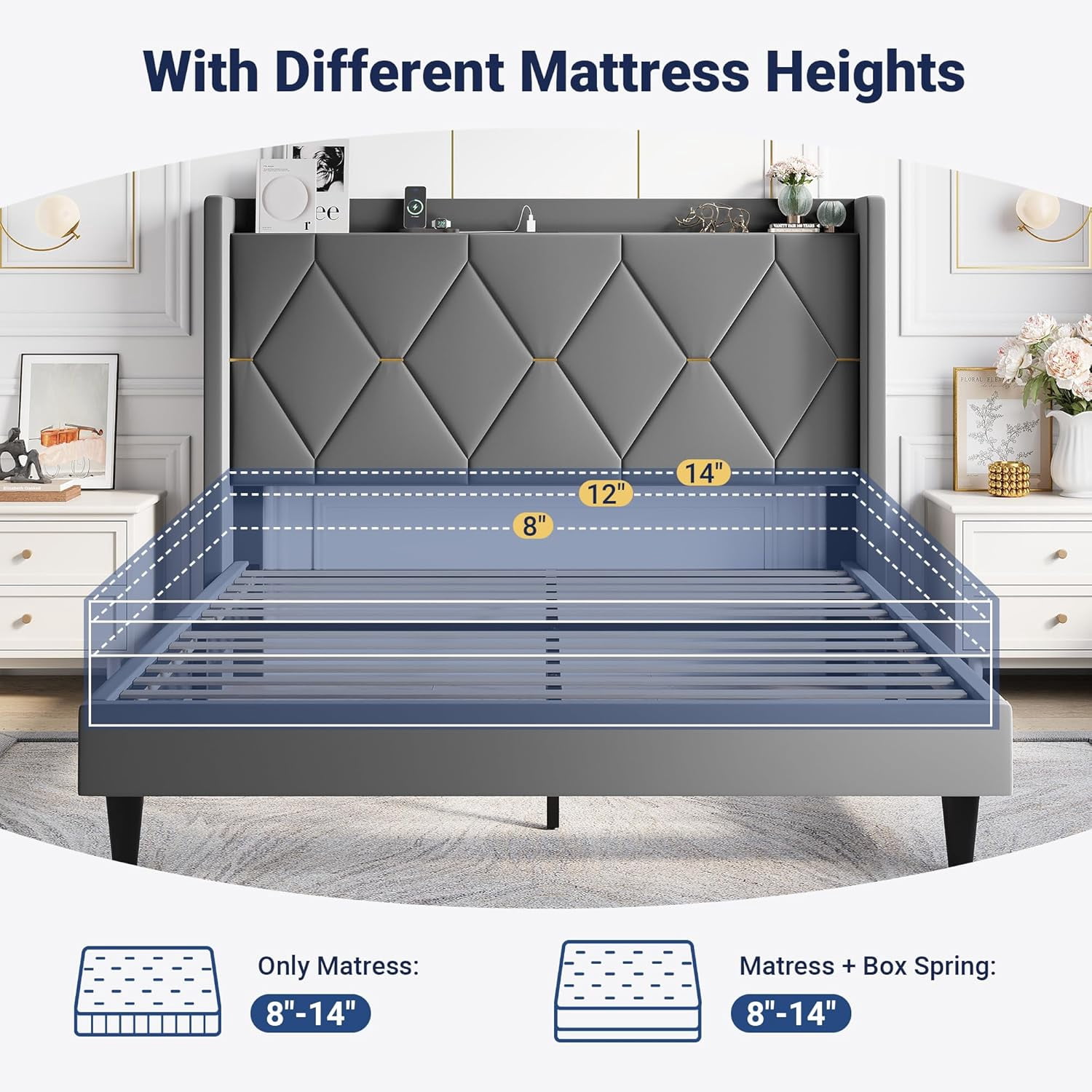 Allewie Velvet Queen Size Upholstered Bed Frame with Wingback Storage Headboard & Charging Station, Platform Bed with Diamond Tufted Design & Gold Trim, No Box Spring Needed, Easy Assembly, Grey