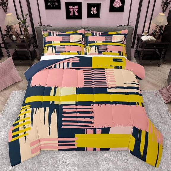 jejeloiu Abstract Geometric Striped Bedding Comforter Set,Retro Lines Pattern Twin Comforter Sets,Pink Orange Deepblue Bedding Set For Girls Kids,Breathable Home Decor Reversible,2pcs