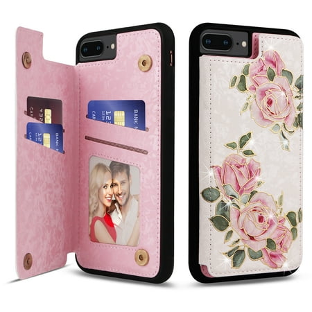 ELEHOLD Wallet Case for iPhone 7 / 8 / SE 2022 & 2020 Case Beautiful Flower Floral Pattern with Back Card Holders Magnetic Button RFID Blocking Shockproof Protective Stand Case for iPhone 7/8/SE,D