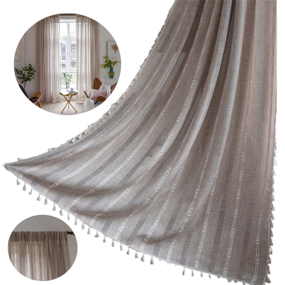Goowood White Linen Embroidery Boho Curtains 2 Panel Set Farmhouse Light Filtering Sheer Curtains for Living Room Bedroom with Tassels